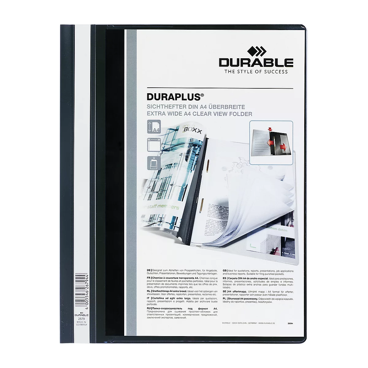 Black folder with transparent sheets. Printed text: Durable Duraplus. Open pages show a text template.