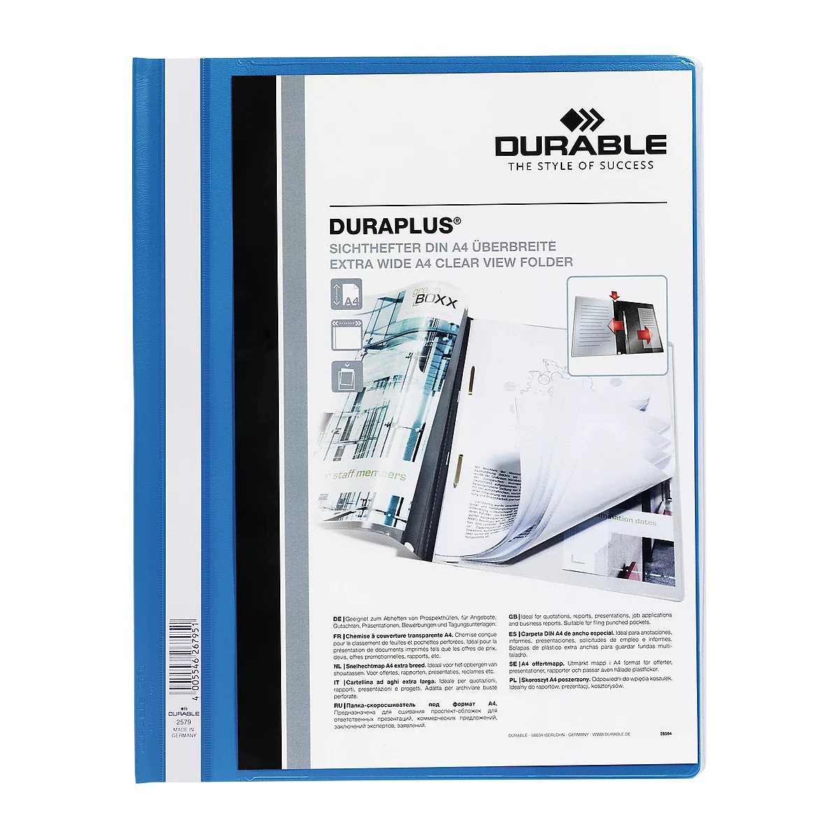 Blue DURAPLUS folder with white, black, and gray elements. Inscription 'DURABLE' and 'DURAPLUS' on the front.