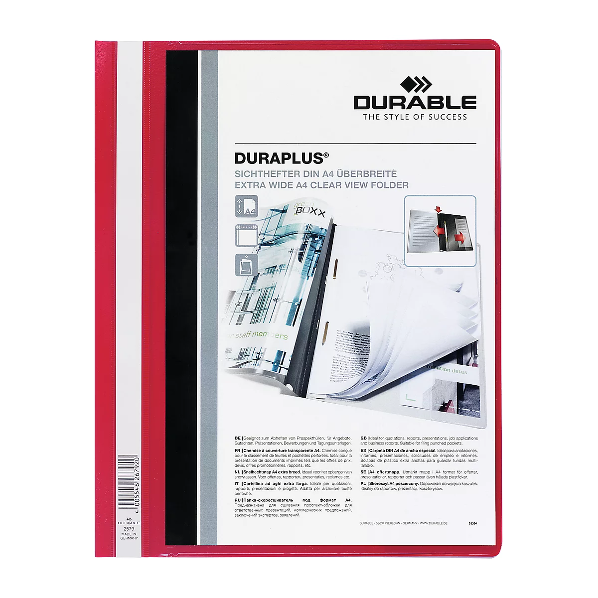 Red, wide view folder cover with logo and product name. Opened pages showing sheets.