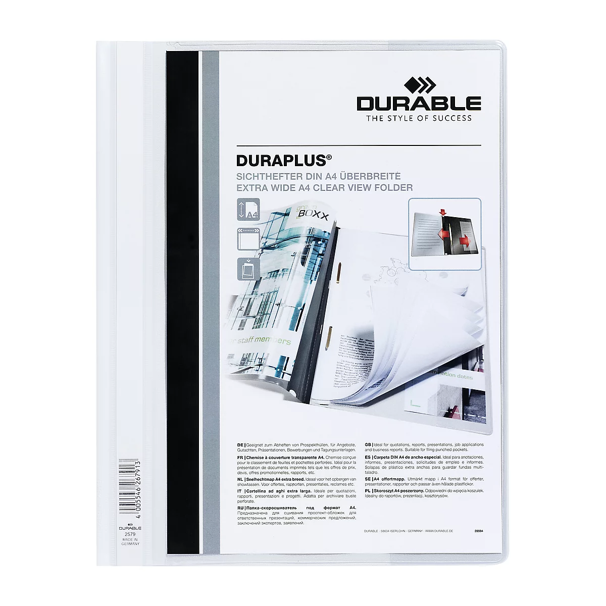 A4 clear view folder, transparent, with inserted papers. Printed with 'DURABLE' logo.