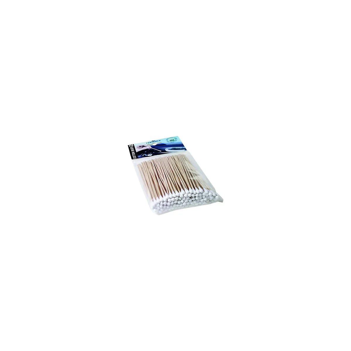 Packung mit Wattestäbchen mit Holzstielen und weißen Watteköpfen in einer transparenten Plastiktüte.