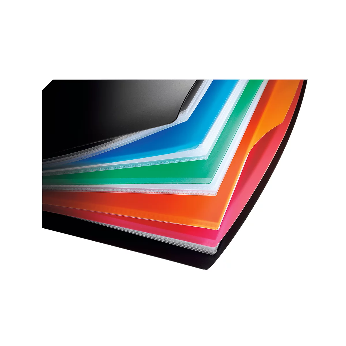 Colorful, transparent plastic sheets in black, blue, green, orange, pink and white, stacked on top of each other.