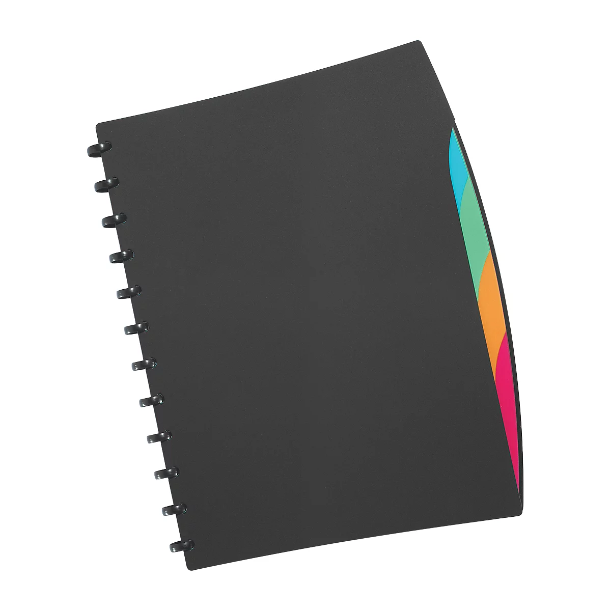 Black ring binder with colorful tabs.