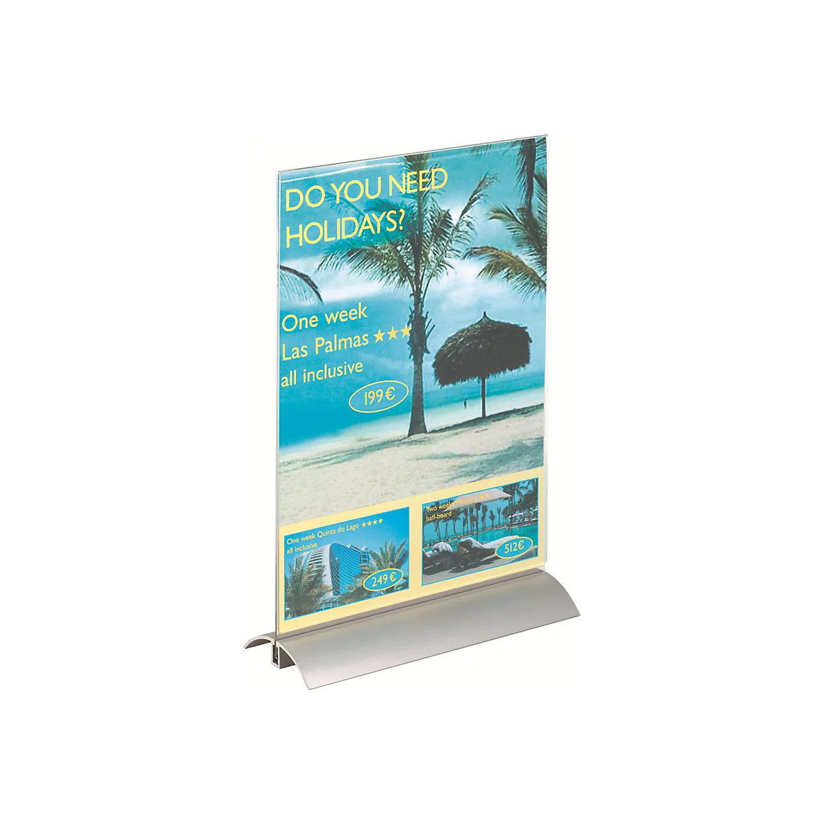 Tischaufsteller aus transparentem Acryl mit silbernem Metallfuß, präsentiert Urlaubsangebote mit Strandfotos.