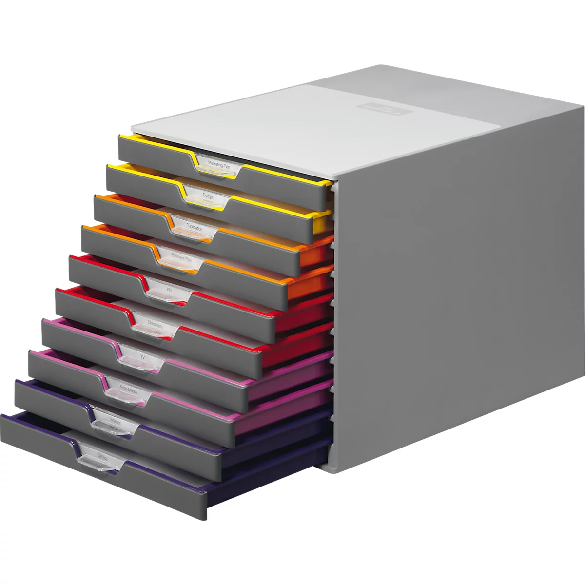 Grauer Aktenkasten mit farbigen Schubladen. Geöffnete Schubladen zeigen beschriftete Register. Farben: Gelb, Orange, Rot, Rosa, Lila.