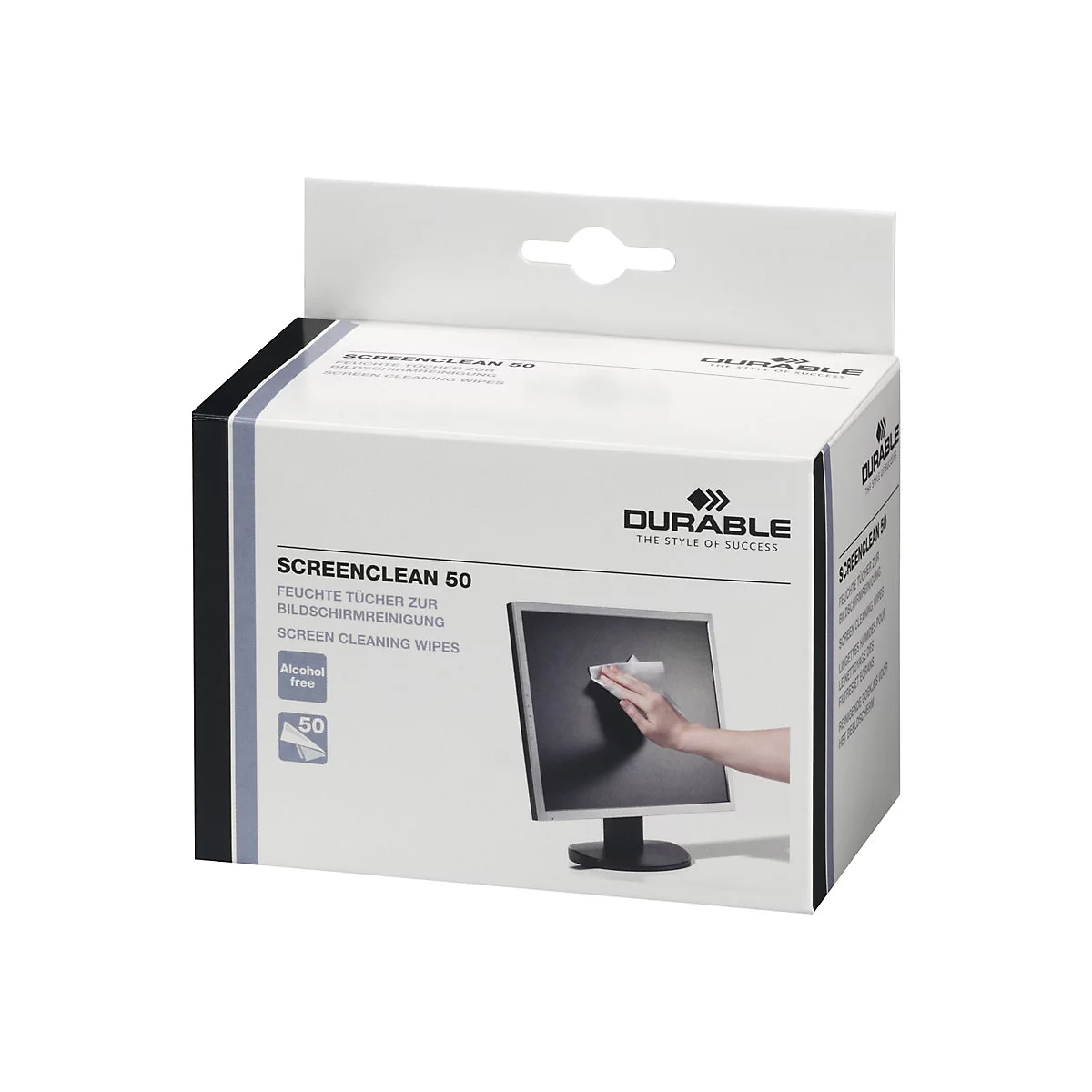 Weiße Verpackung mit Durable Screenclean 50 Reinigungstüchern, zeigt einen Monitor bei der Reinigung.