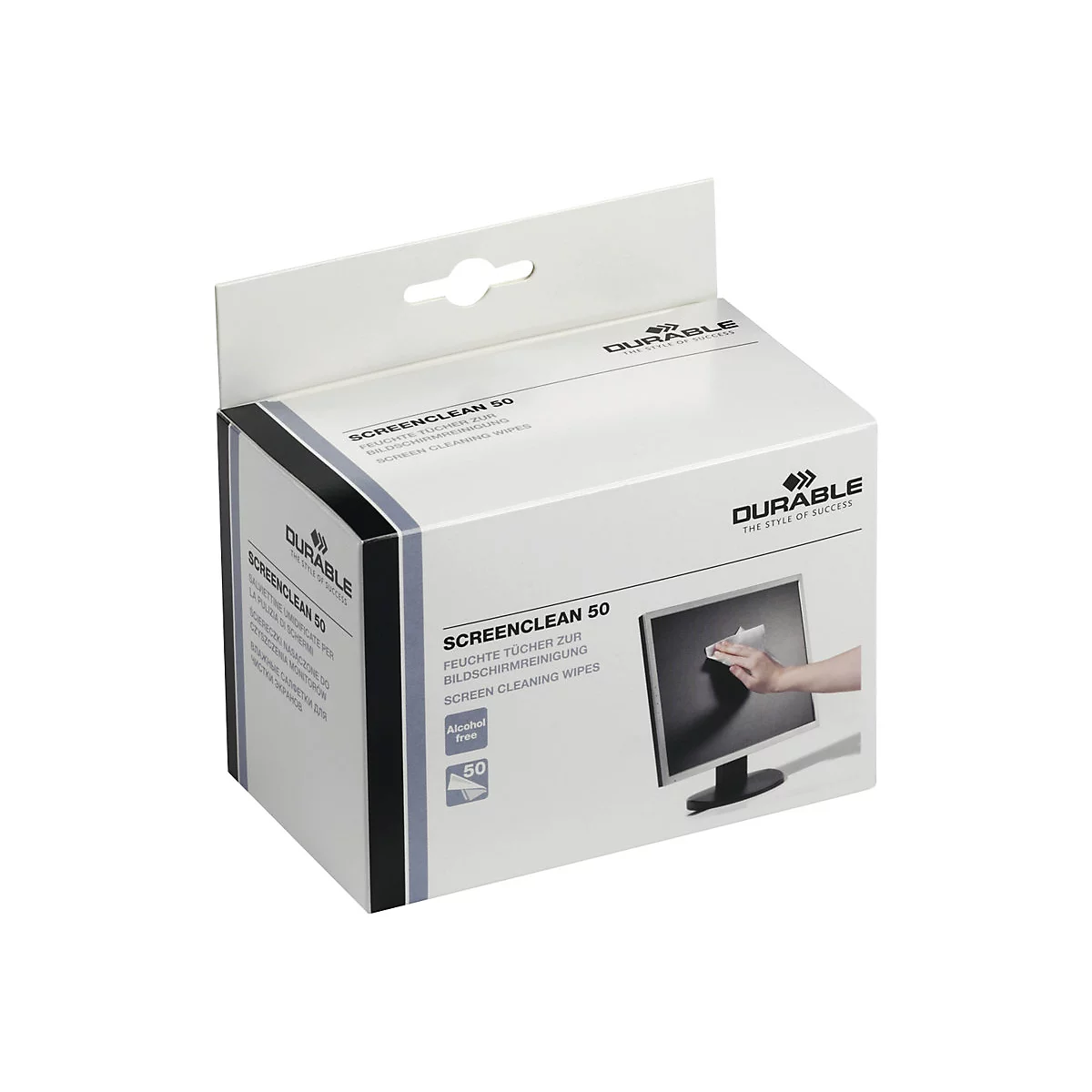 Weiße Verpackung mit Durable Screenclean 50 Reinigungstüchern für Bildschirme vor weißem Hintergrund.