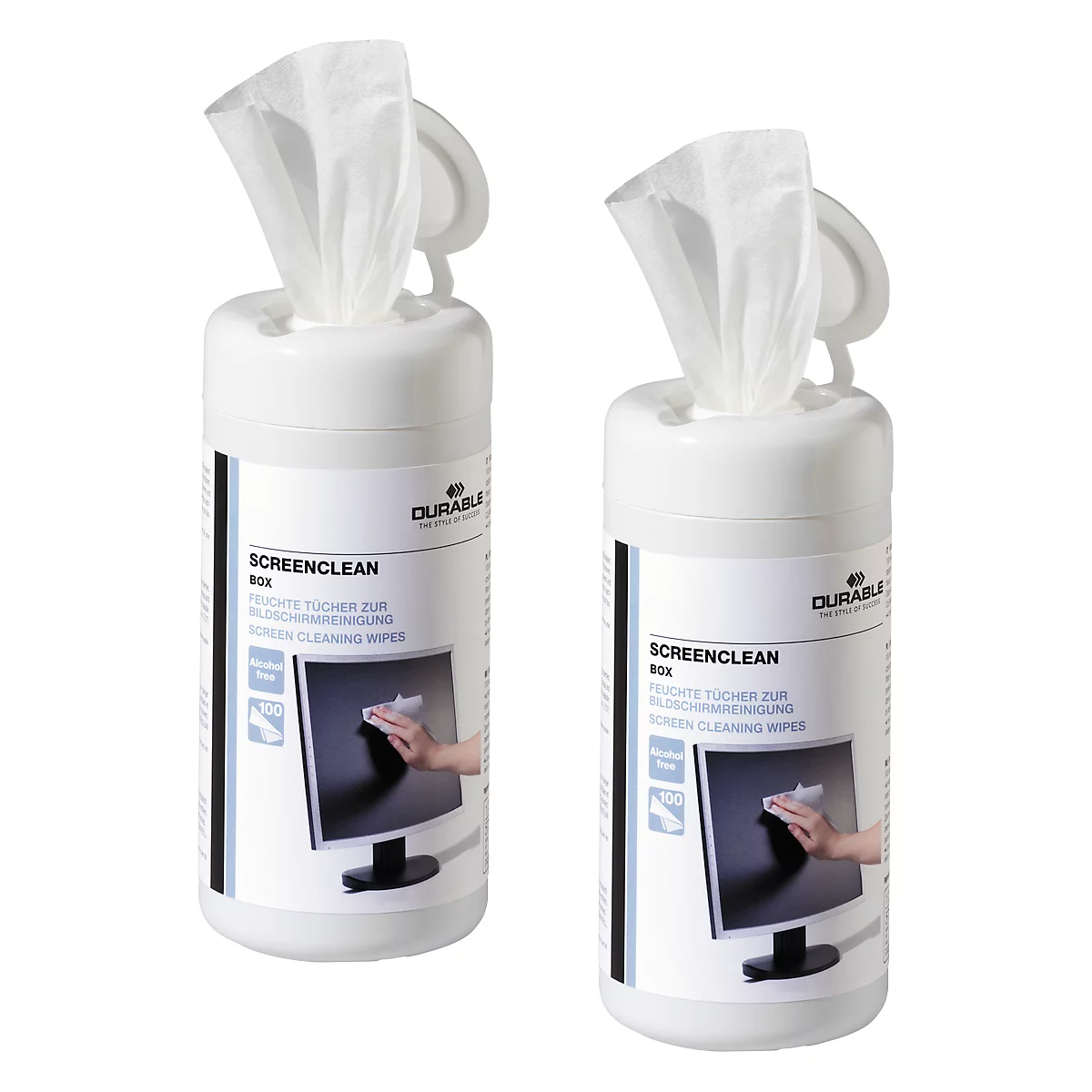 Two white cleaning wipes boxes, with the "ScreenClean" logo and the text "Durable".