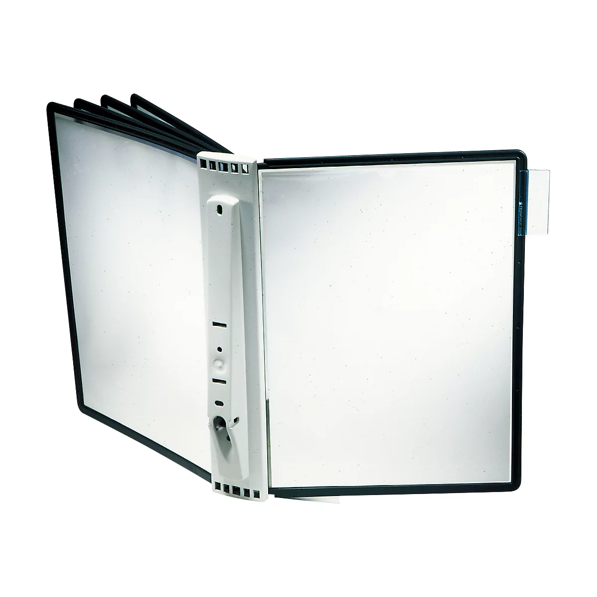 Open white binder with black frame and gray mechanism.