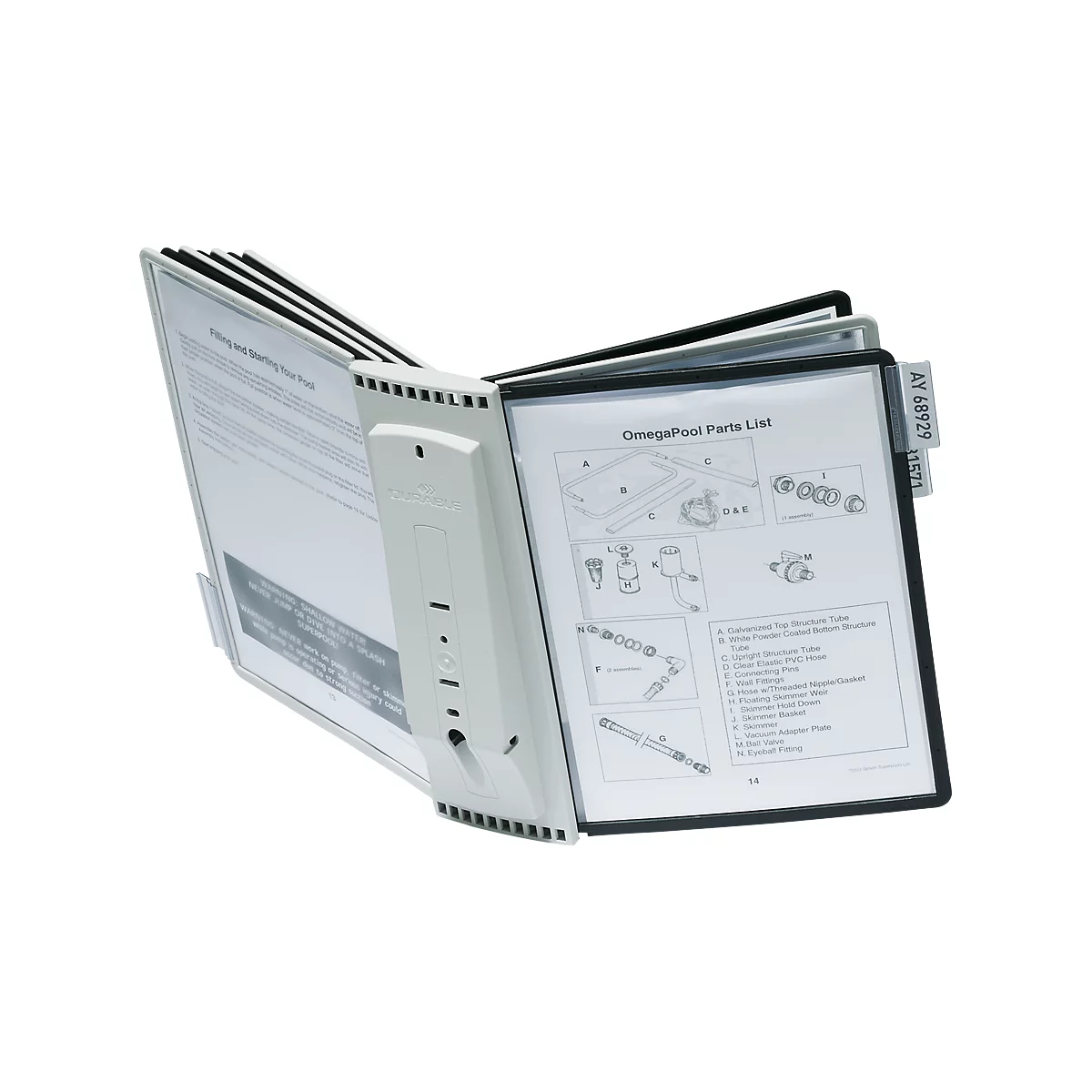 Open book with pages. The pages show instructions, diagrams, and parts lists. The book has a white, electronic binding.