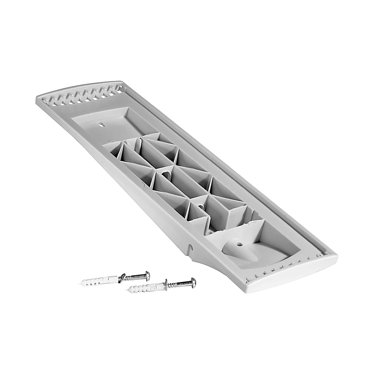 Gray plastic bracket with holes and rivets, next to screws and dowels.