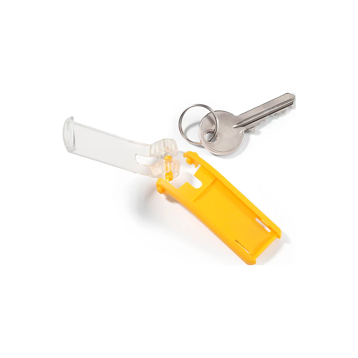 Gele en transparante plastic sleutelhanger met sleutel.