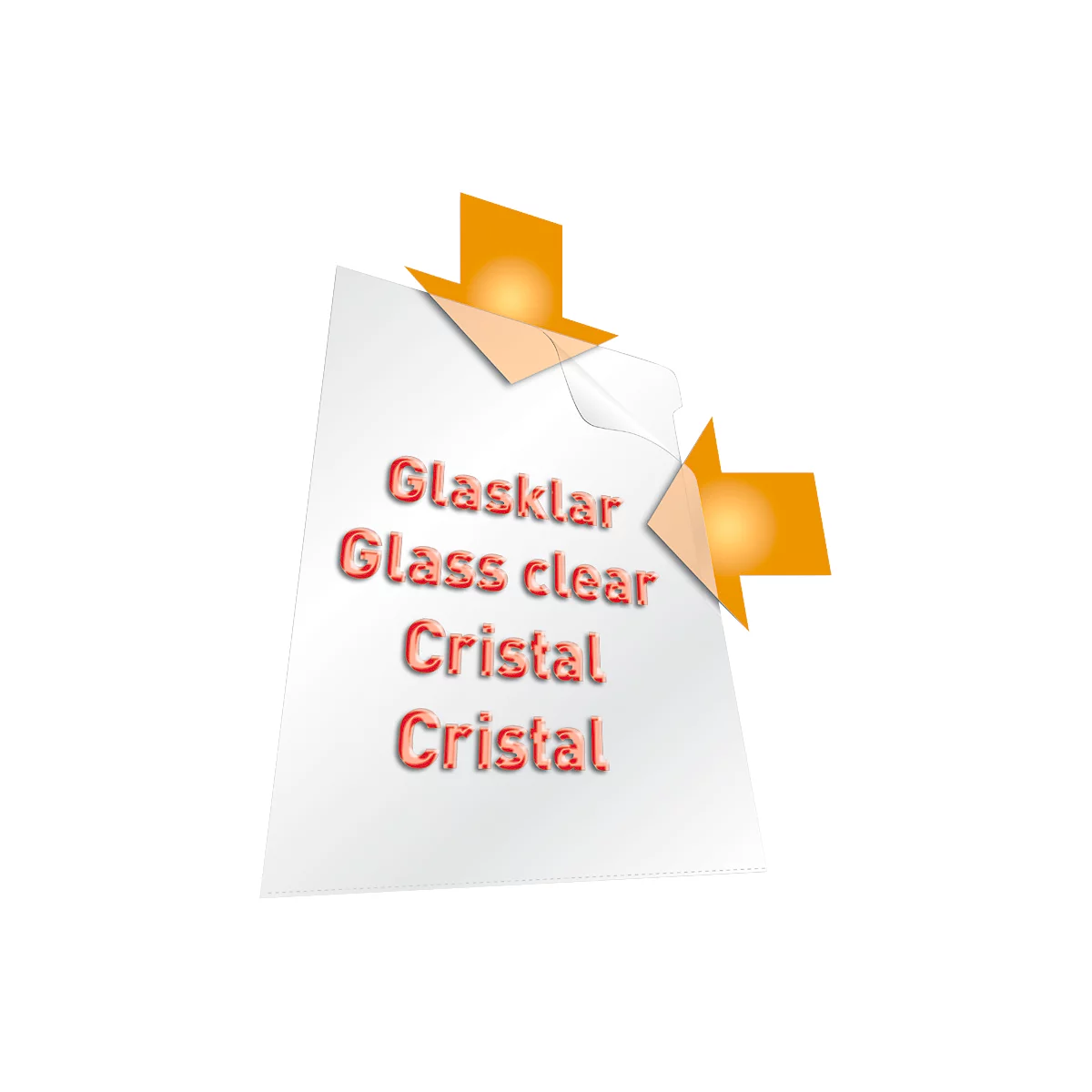 Graphic with text displaying "Glasklar", "Glass clear", "Cristal" in German, English, and Spanish, with arrows.