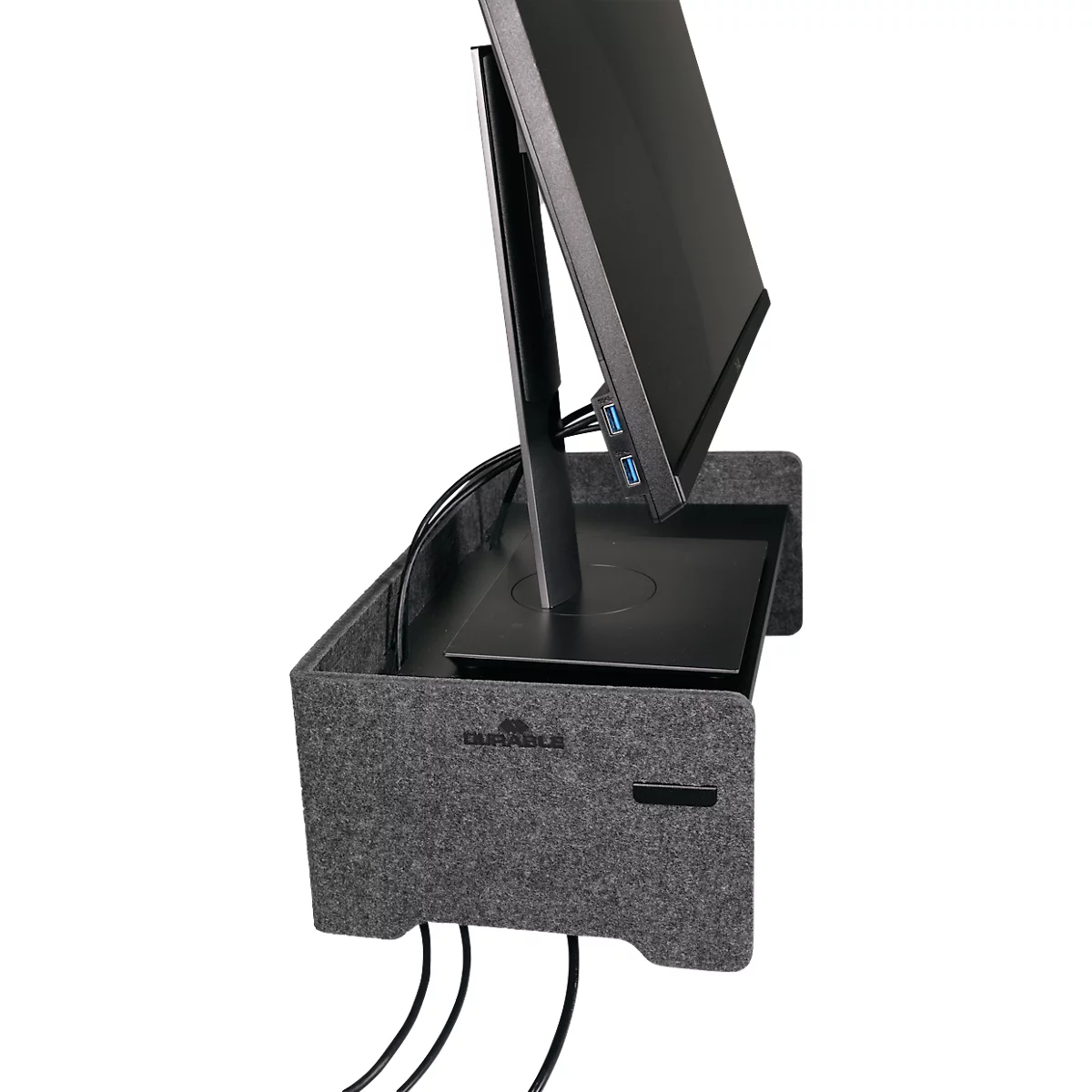 Support d'écran en feutre gris avec moniteur. Il y a des câbles en bas, une inscription DURABLE en bas à gauche.