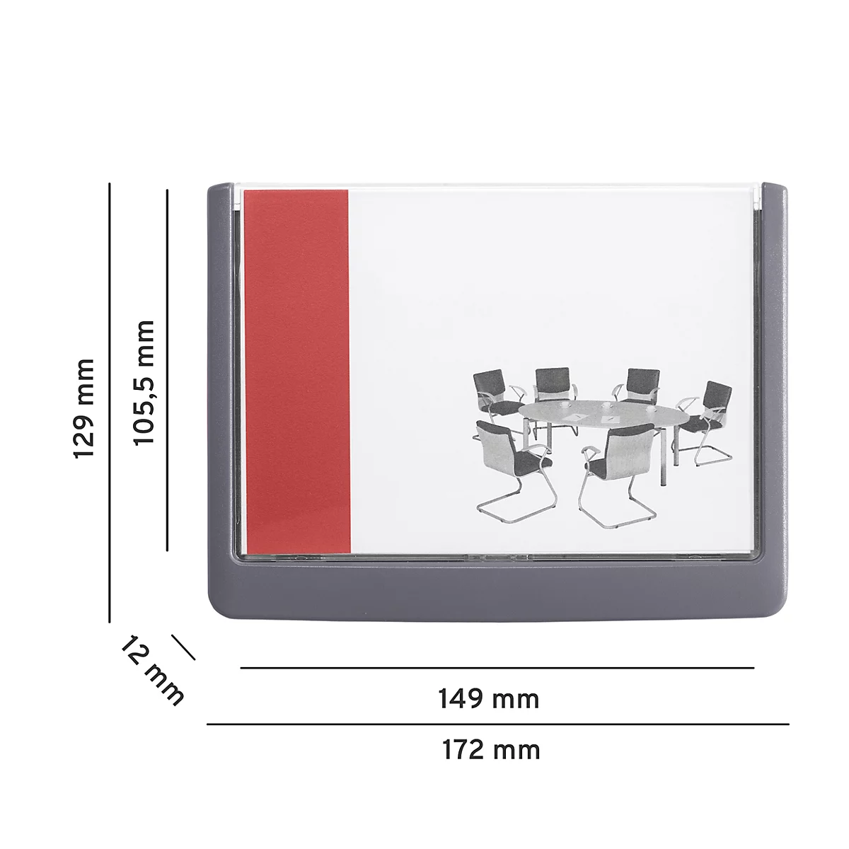 Grauer Bilderrahmen mit rotem Streifen und einer Darstellung eines Konferenztisches mit Stühlen. Masse sind angegeben.