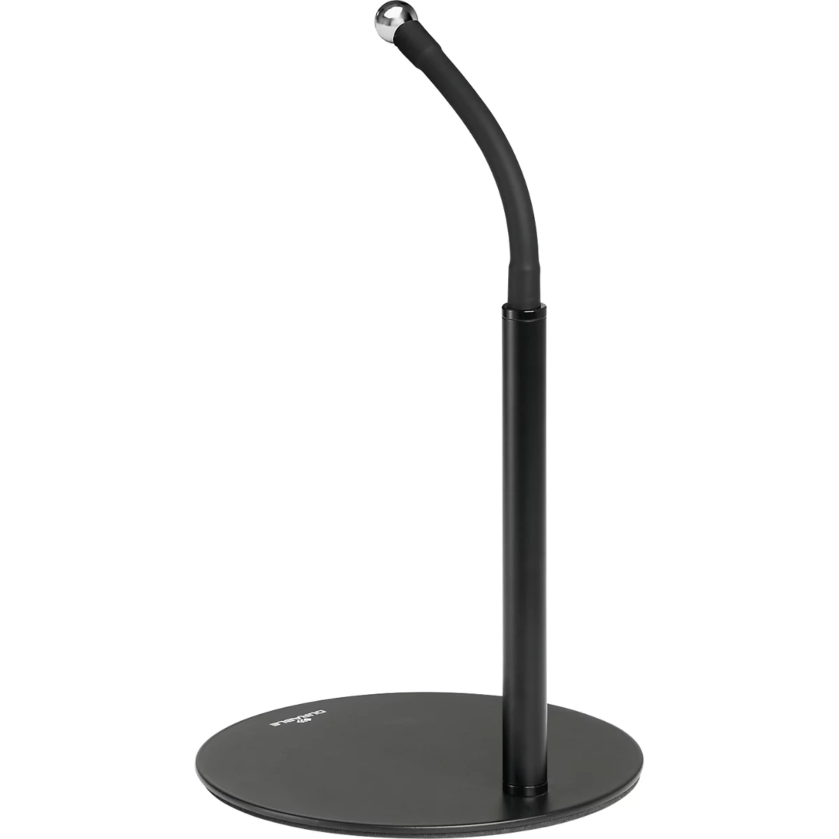 Black table microphone with round base and flexible gooseneck.