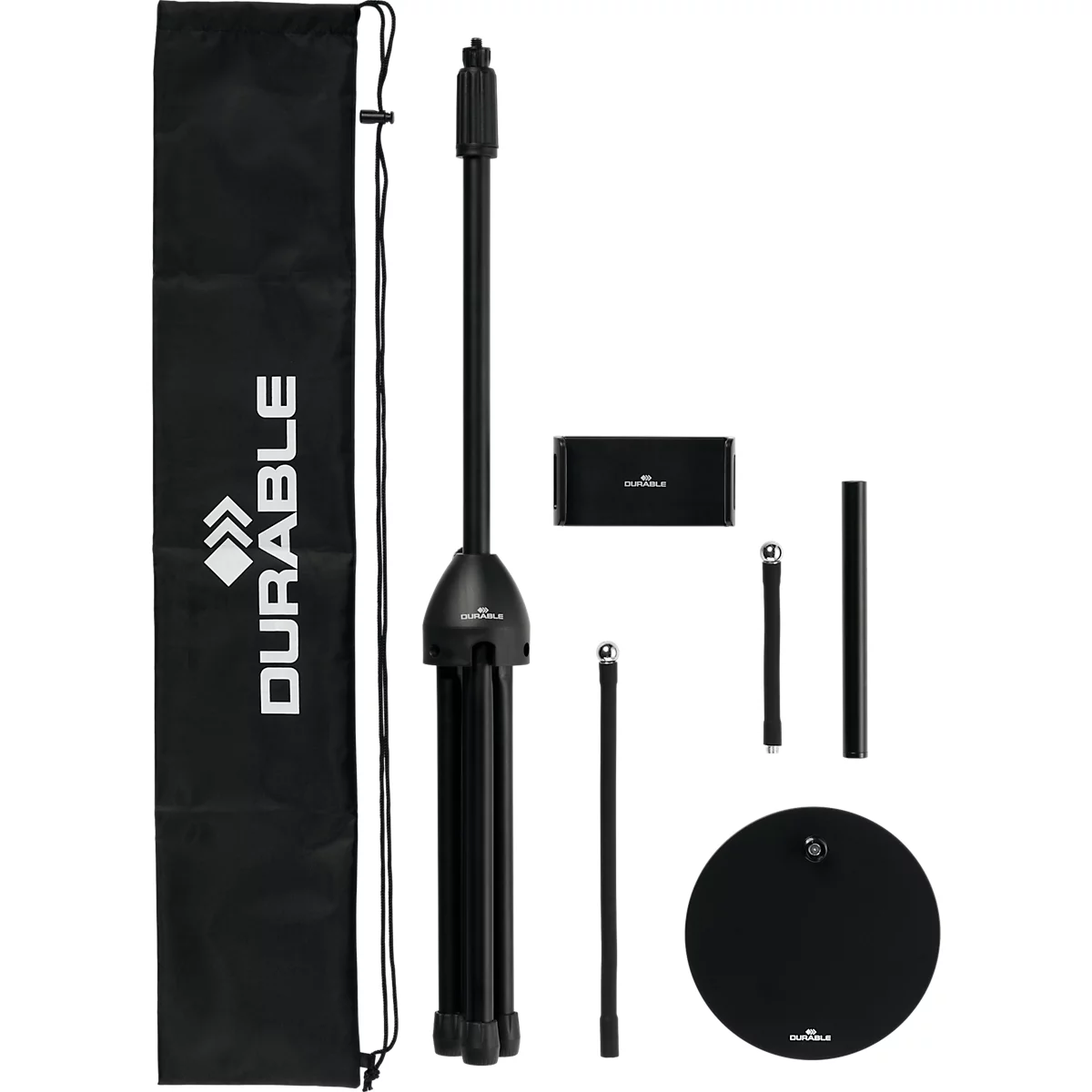 Black microphone stand set with carry bag, labeled with "Durable".