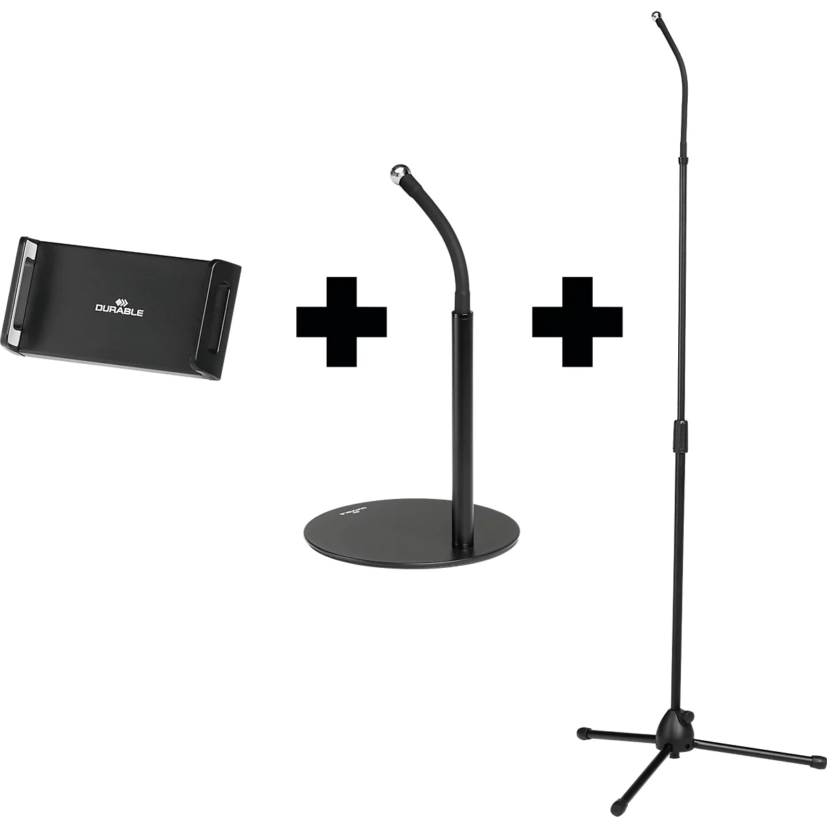 Three black objects: tablet holder, microphone stand, height-adjustable microphone stand. All against a white background.