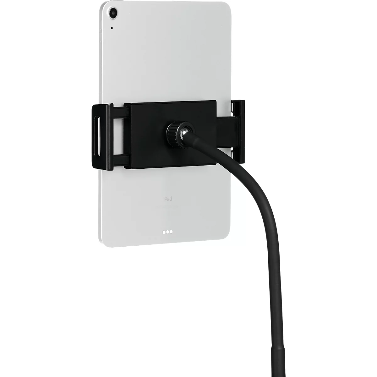 An iPad in a holder on a flexible arm.
