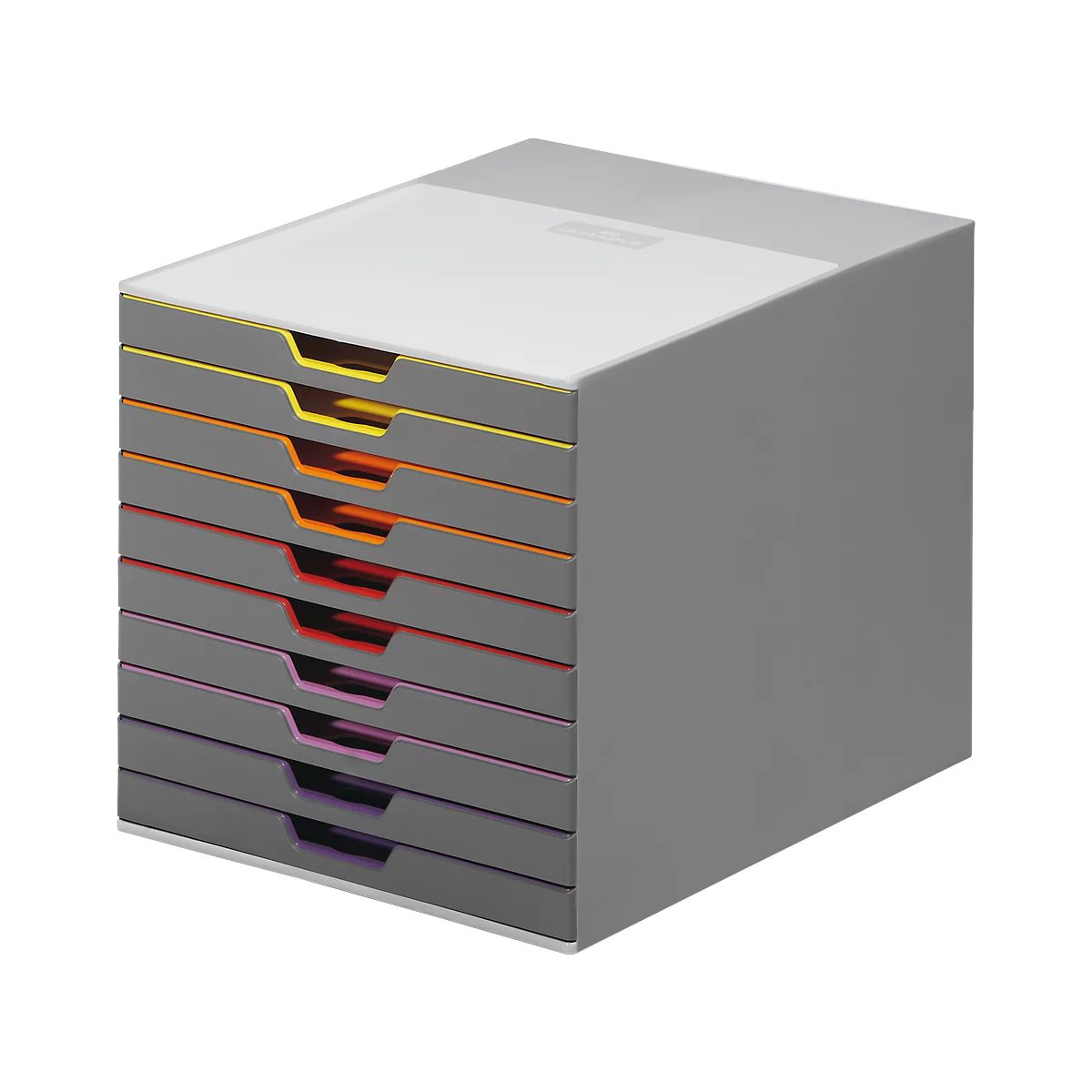 Gray stackable box with colored drawers, yellow, orange, red, purple. White lid.