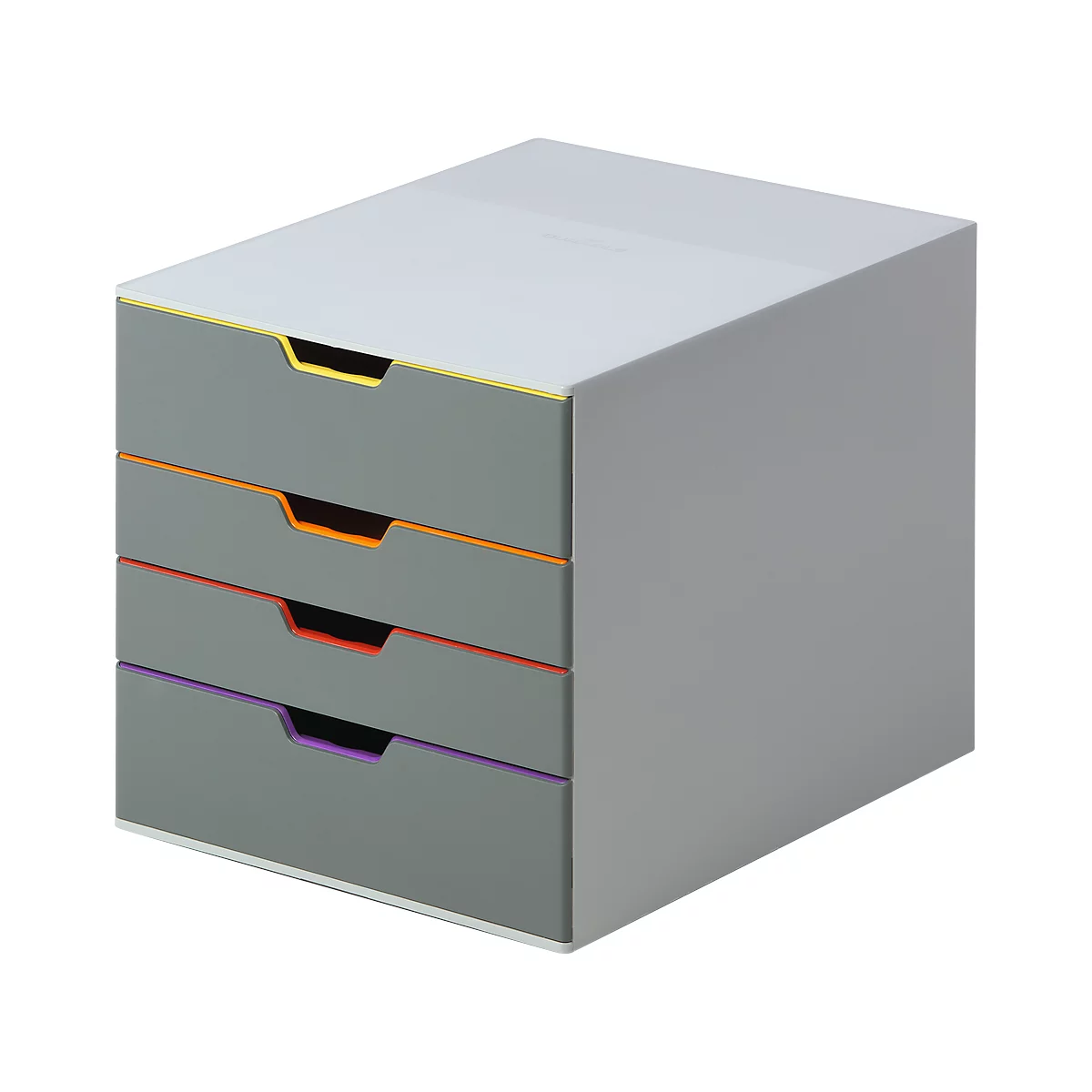 Gray drawer organizer with four drawers edged in yellow, orange, red and purple.