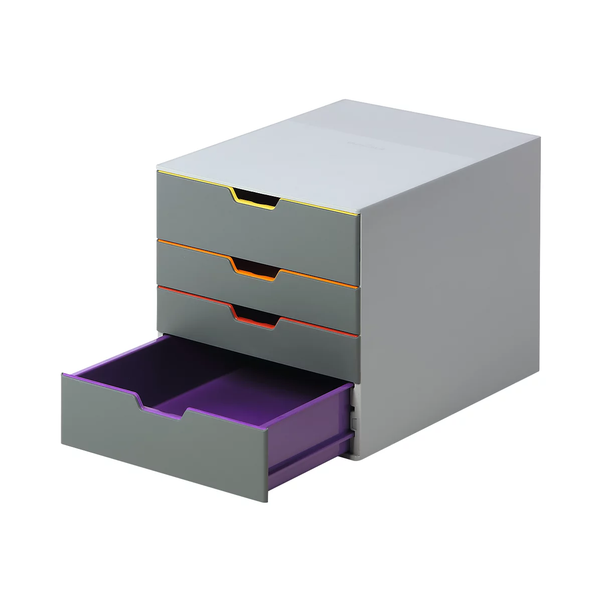 Grey drawer tower, one drawer open. Each drawer has a coloured stripe: yellow, orange, red. Opened drawer purple.