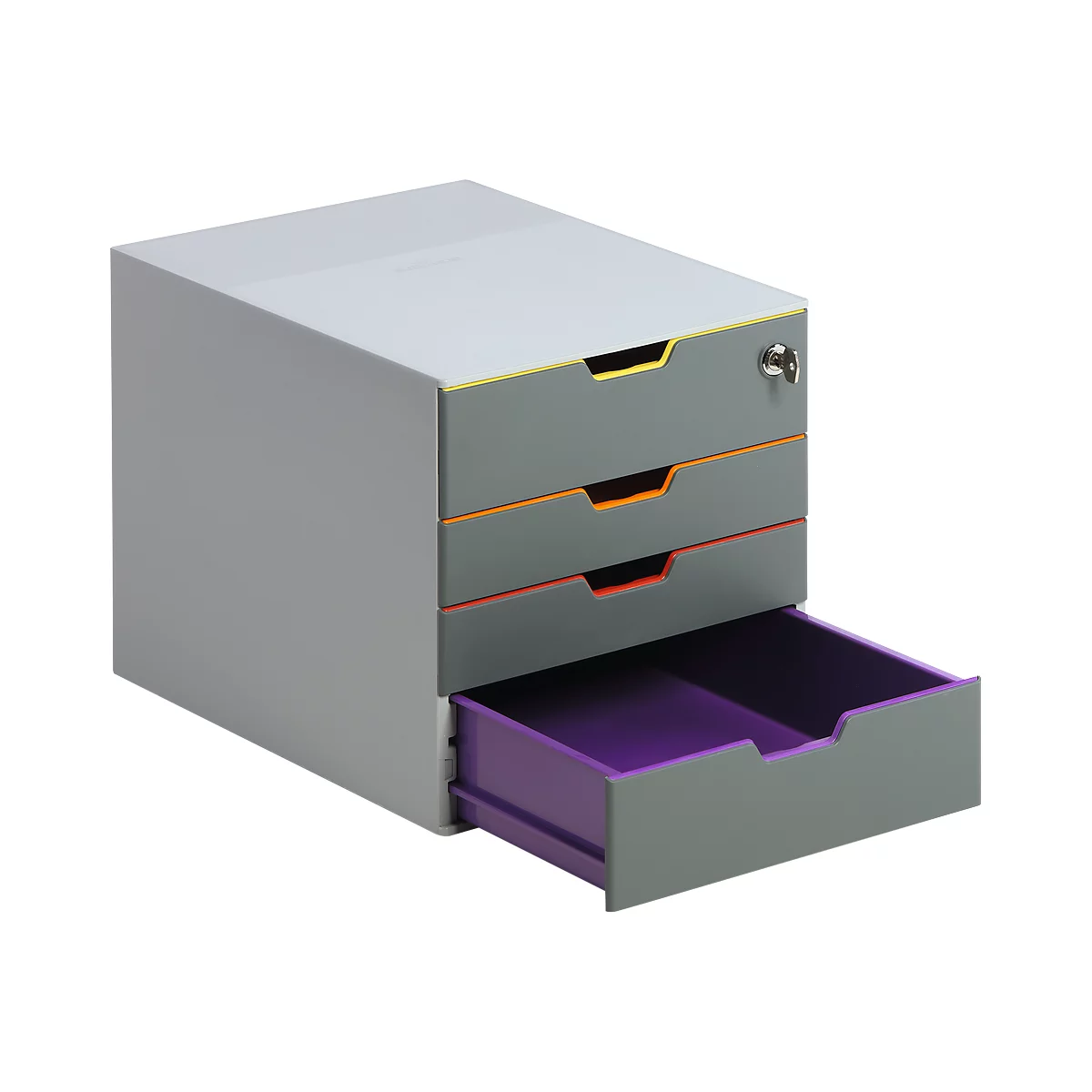 Gray cabinet with three drawers, one drawer open.