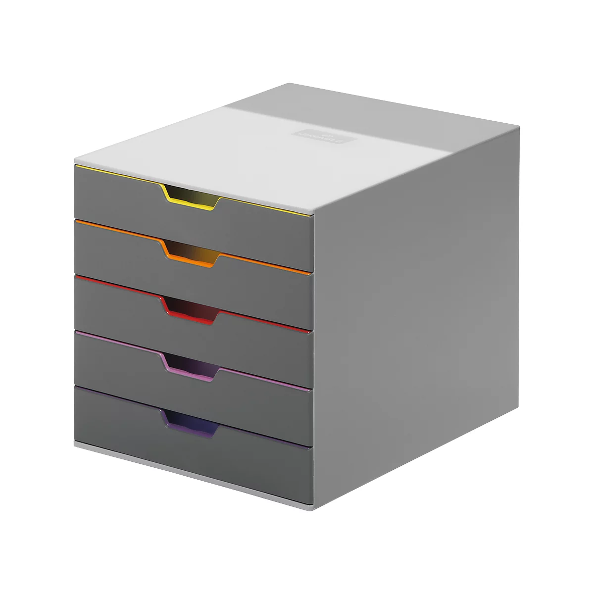Gray drawer box with colored handles, yellow, orange, red, purple, blue.