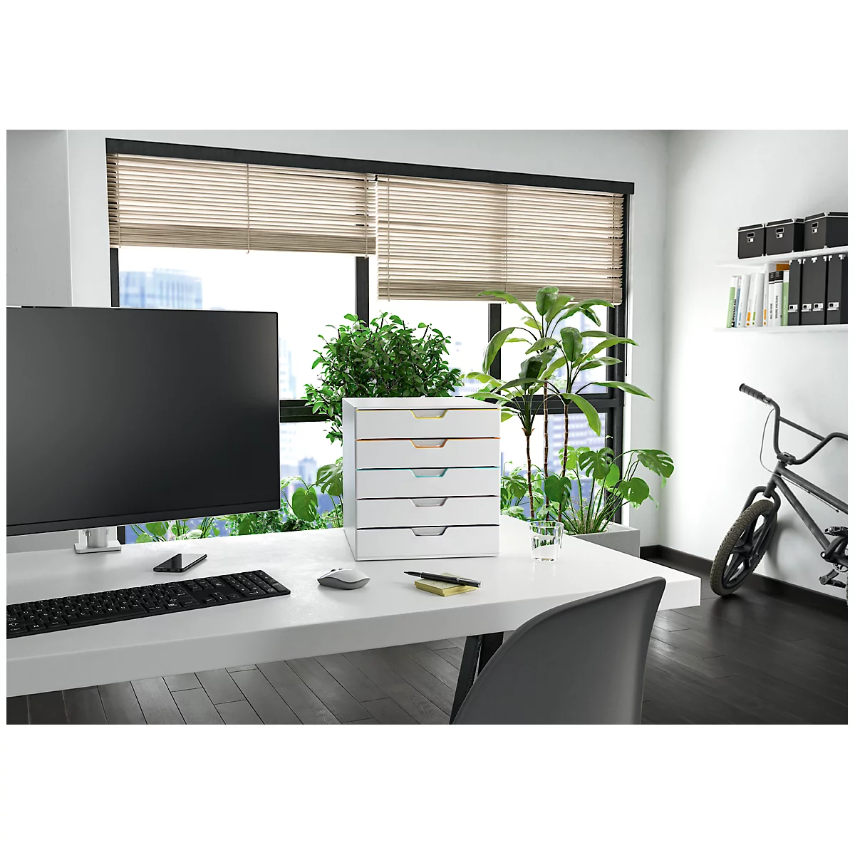 Desk with filing cabinet, monitor, keyboard, mouse, plants, window with blinds, and bicycle.