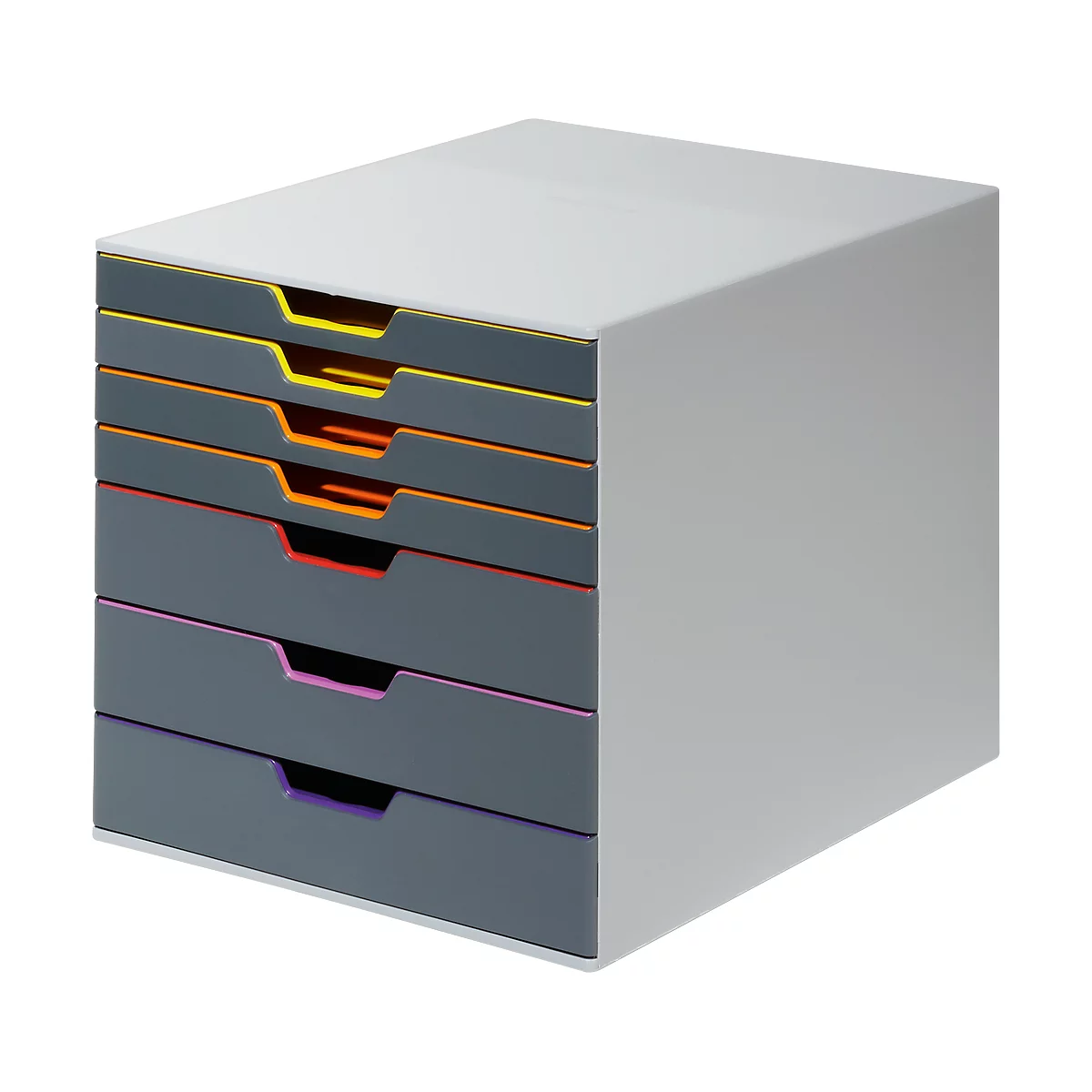 Gray square drawer cabinet with colorful handles: yellow, orange, red, pink, purple. The body is light gray.