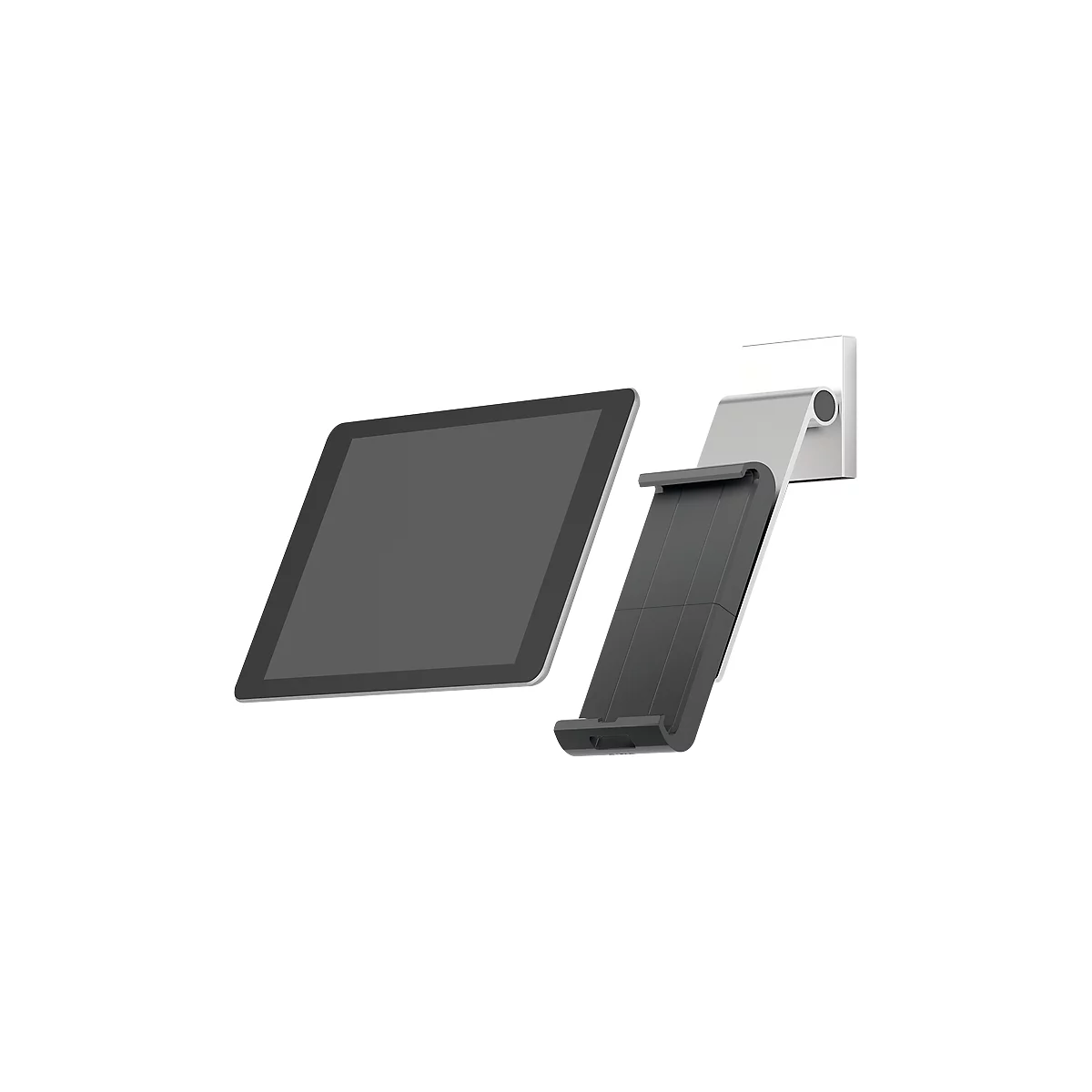 A black tablet next to a bracket for wall mounting. The holder is gray and black.