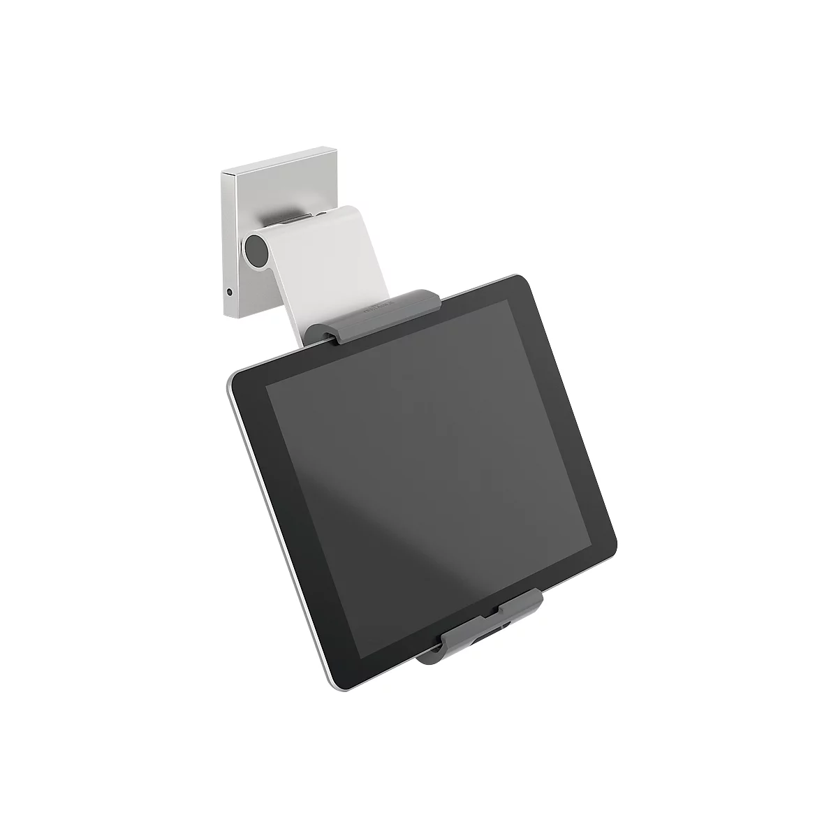 A silver tablet holder with a black tablet in front, attached to a wall mount.