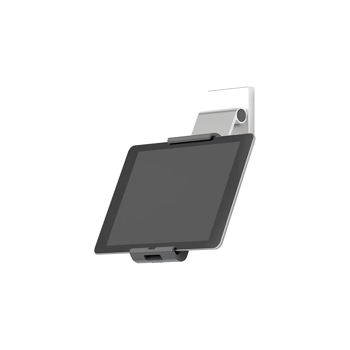 Gray tablet in wall mount. Silver holder, dark gray frame. Tablet angled downwards.