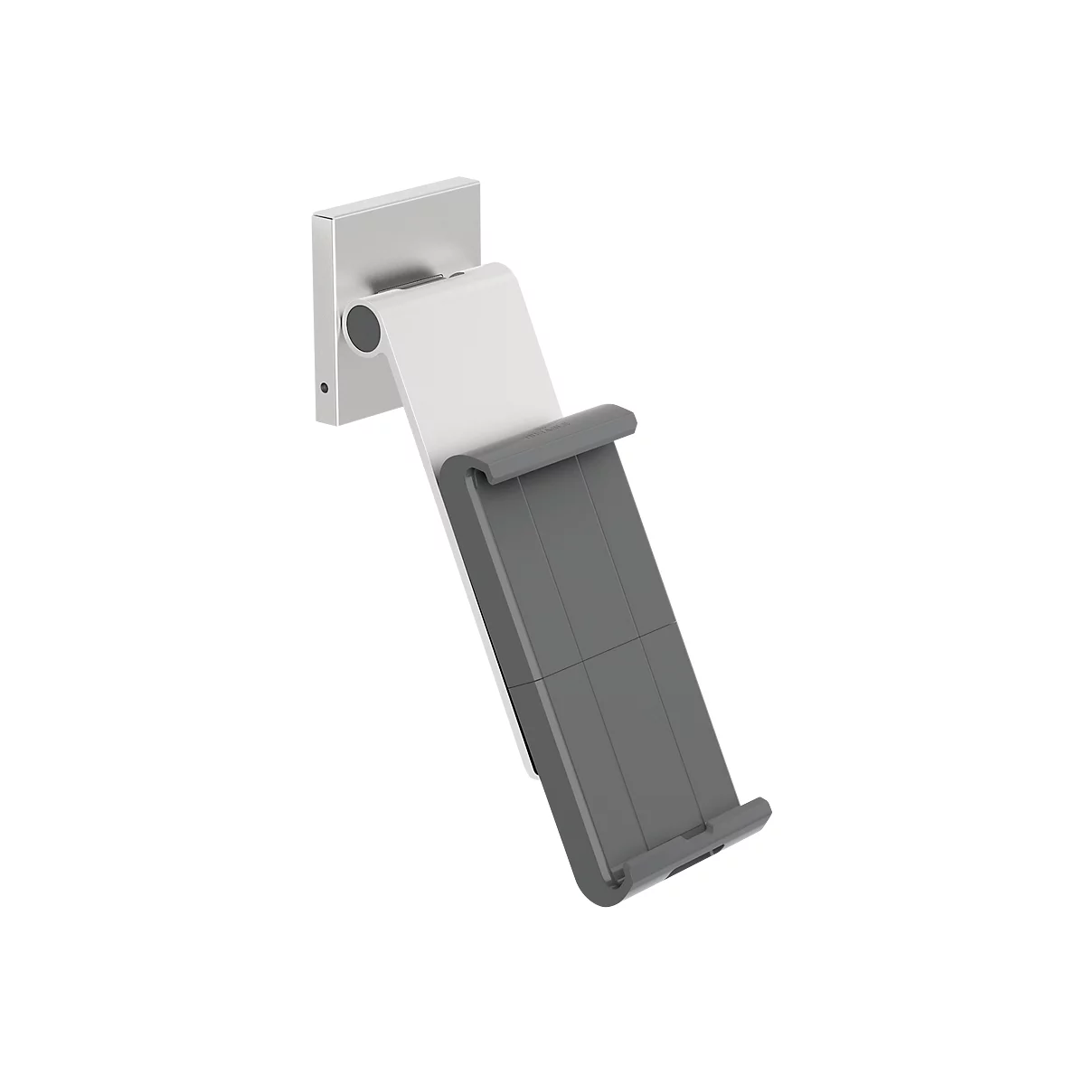 Gray and white tablet holder, wall mounted, angled forward.