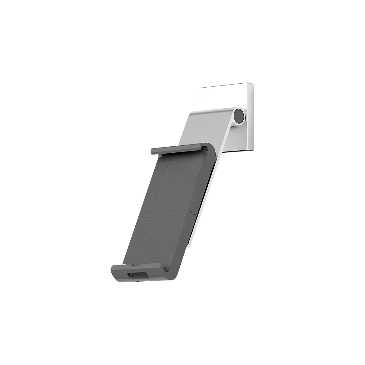 Tablet holder, grey-silver. The holder is attached to a white wall and angled.