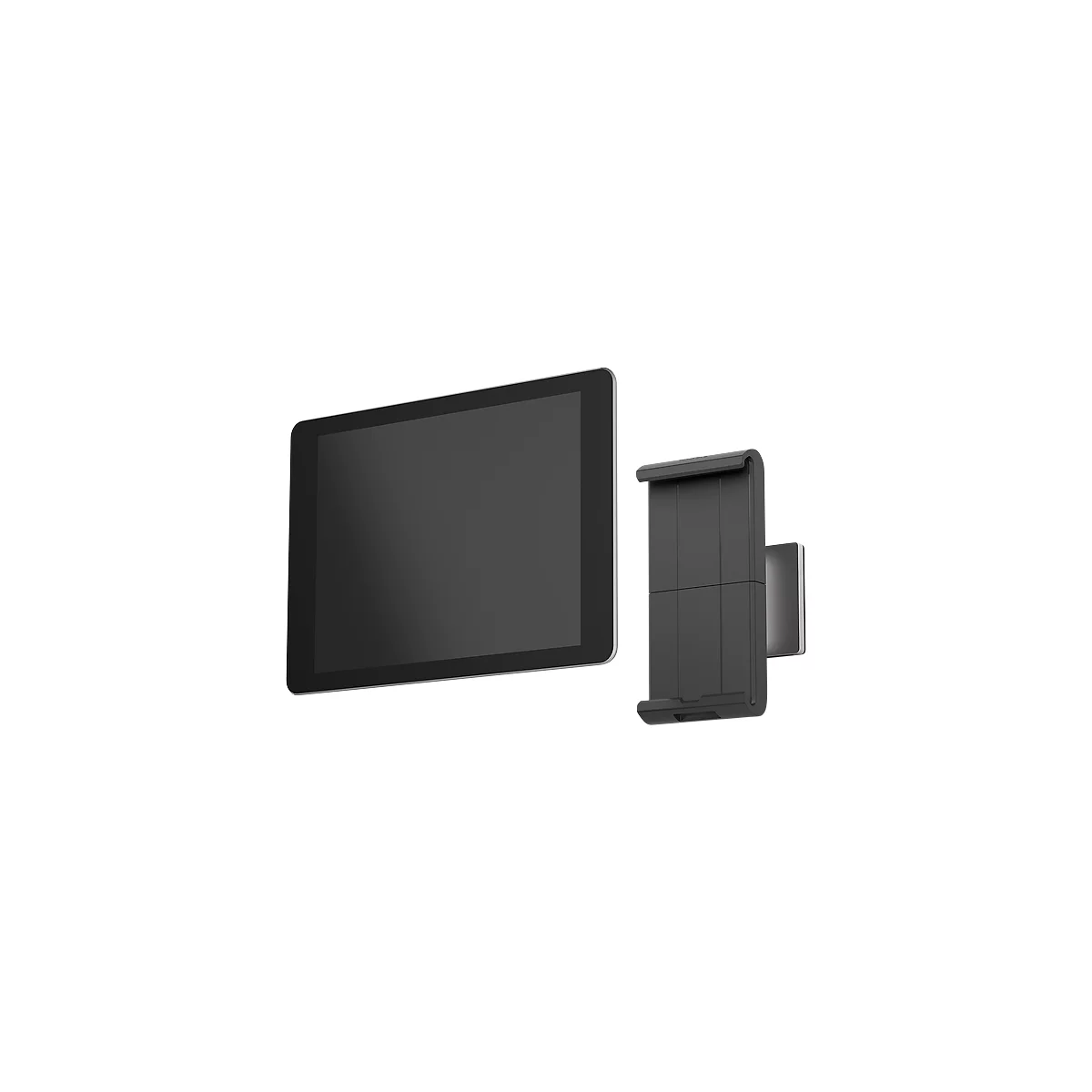 A black tablet next to a black wall mount, both with bright edges.