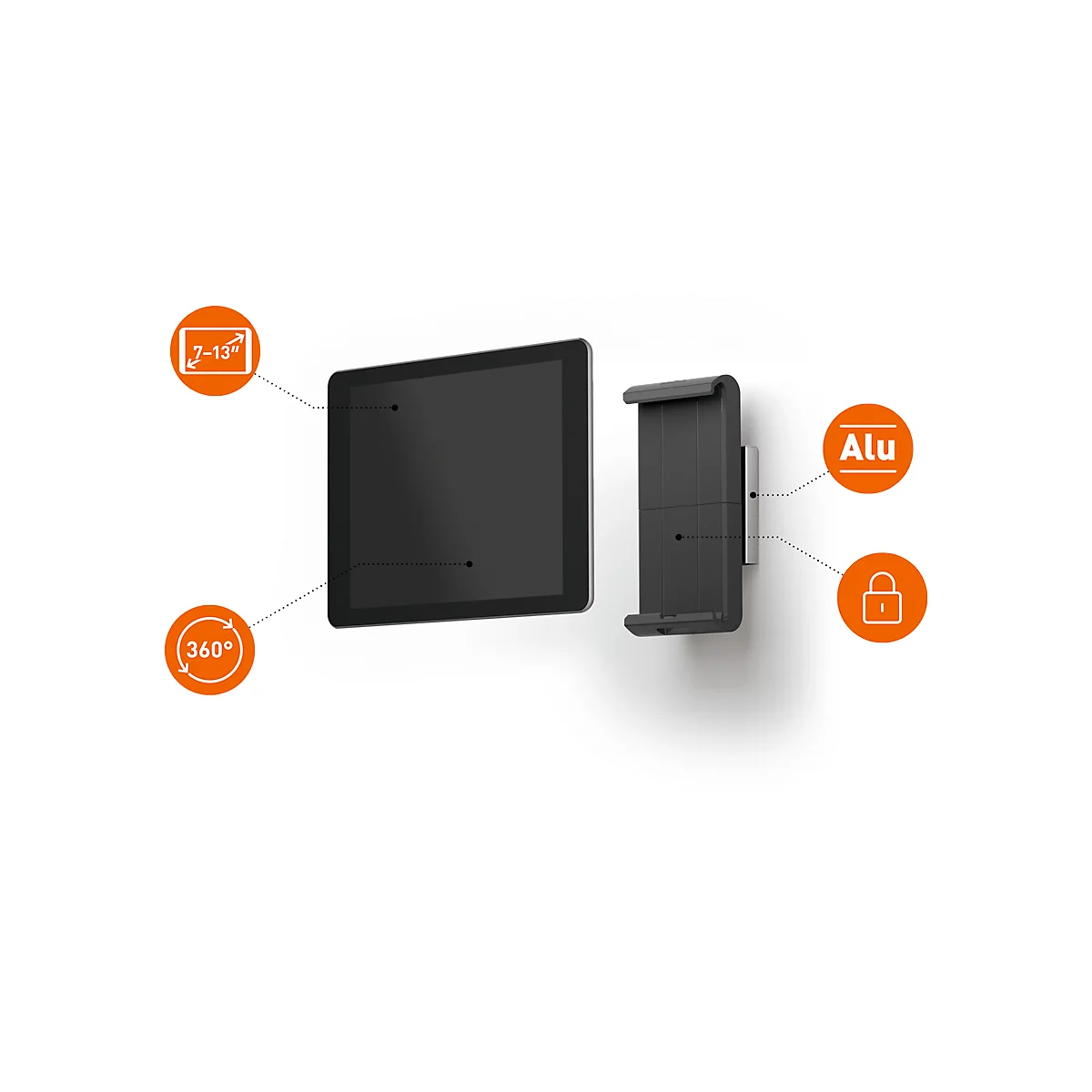 Tablet holder with tablet and holder, with information on size, rotation, material and security.