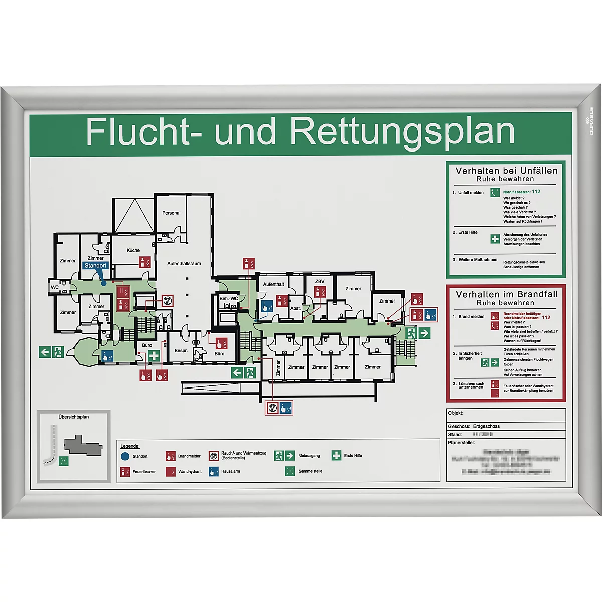 Flucht- und Rettungsplan mit Grundriss, Sicherheitsinformationen und Legende in silbernem Rahmen.