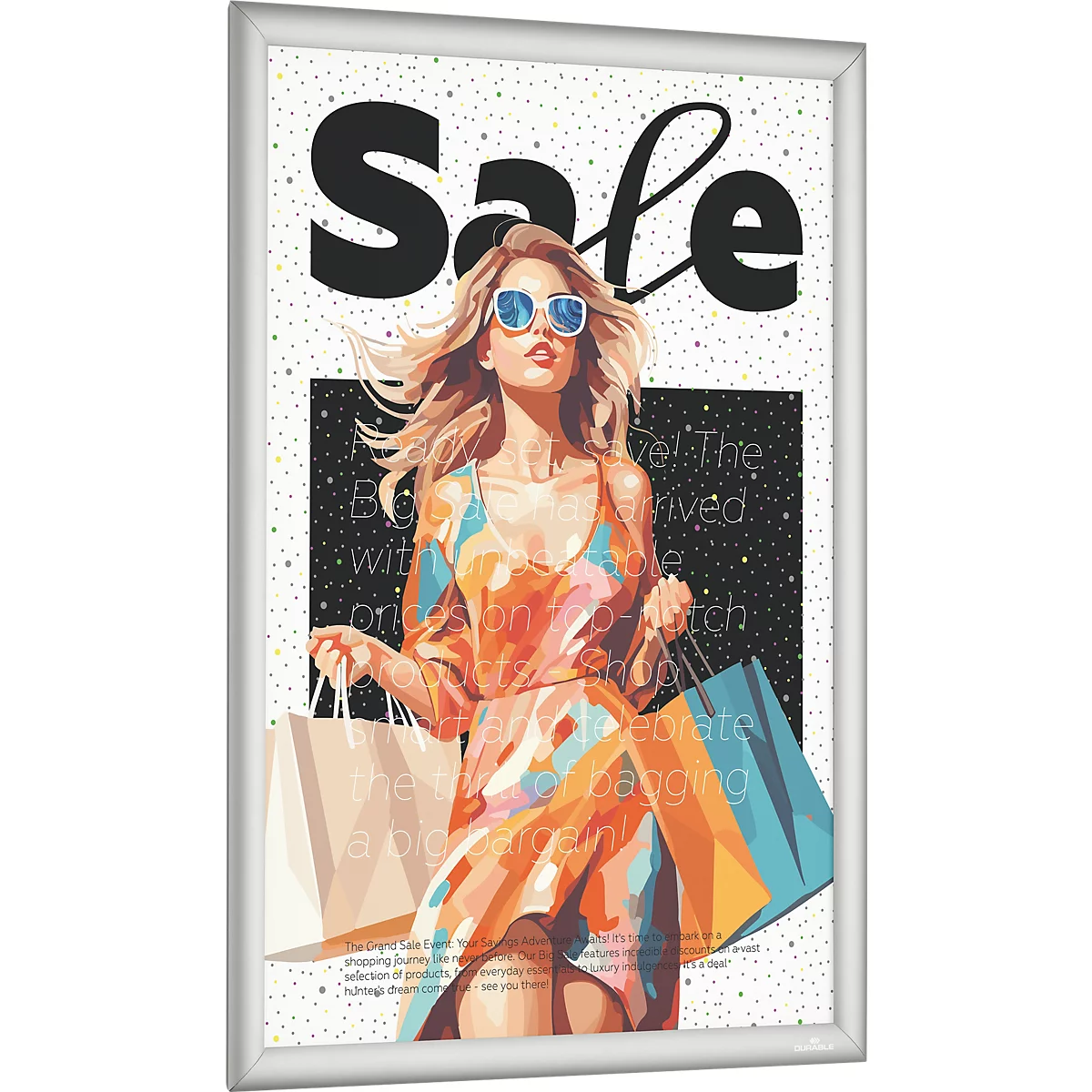 Ein silberner Klapprahmen zeigt eine illustrierte Frau mit Sonnenbrille und Einkaufstaschen unter dem Schriftzug Sale.