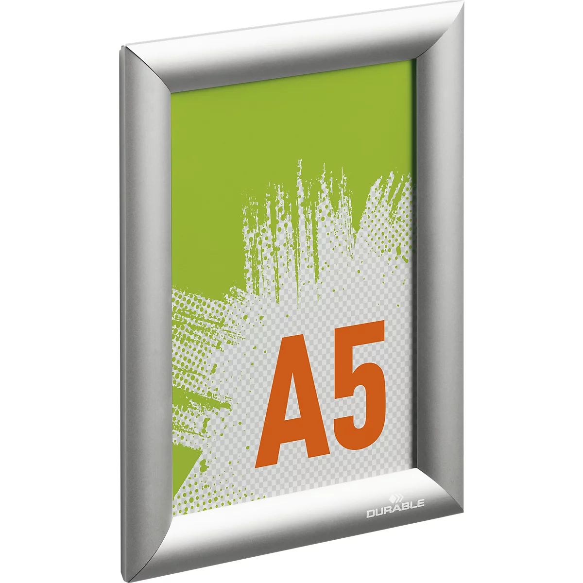 Silberner Klapprahmen im A5-Format mit grünem Hintergrund und orangem A5-Aufdruck.