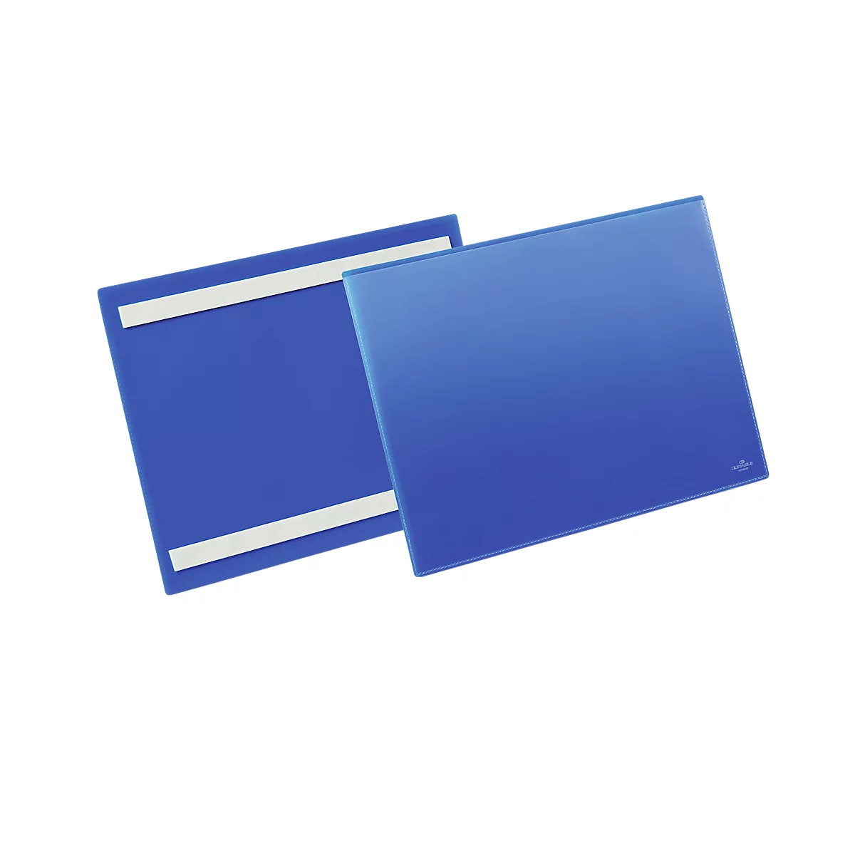 Twee blauwe vierkante magneetborden, één met witte plakstrips, op een witte achtergrond.
