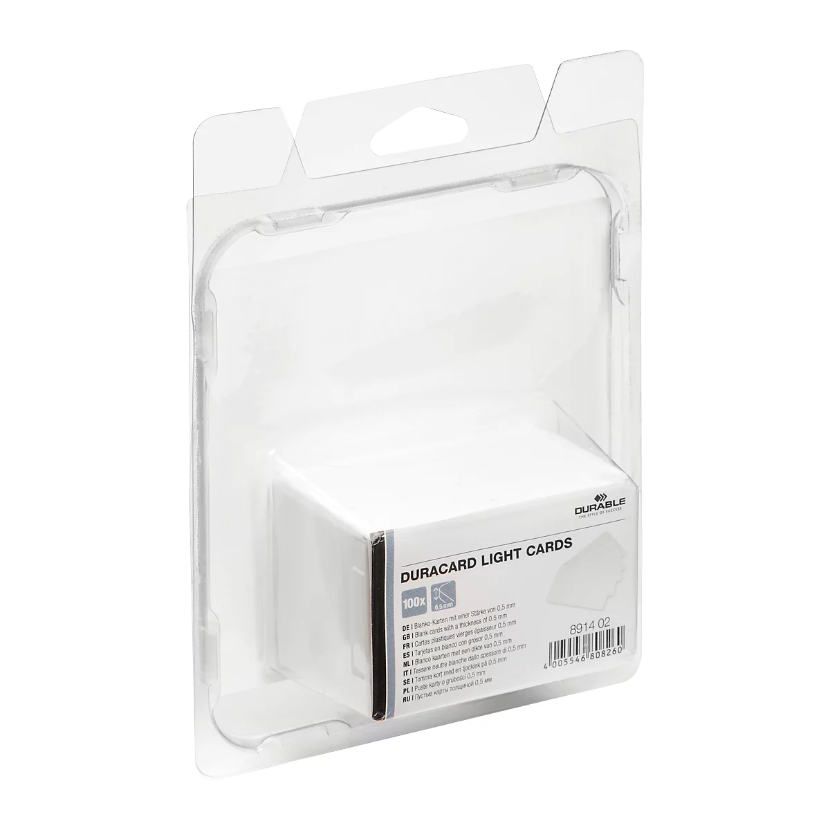 White cards in a clear package, DURACARD LIGHT CARDS. Text and barcode.