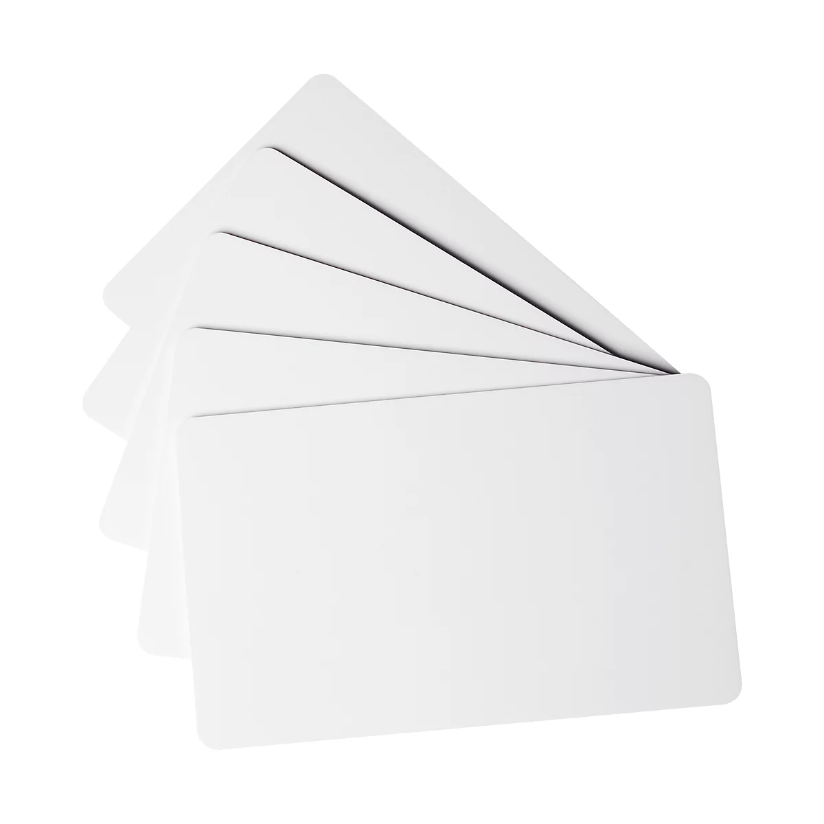 Five white cards arranged in a fan shape, slightly overlapping.