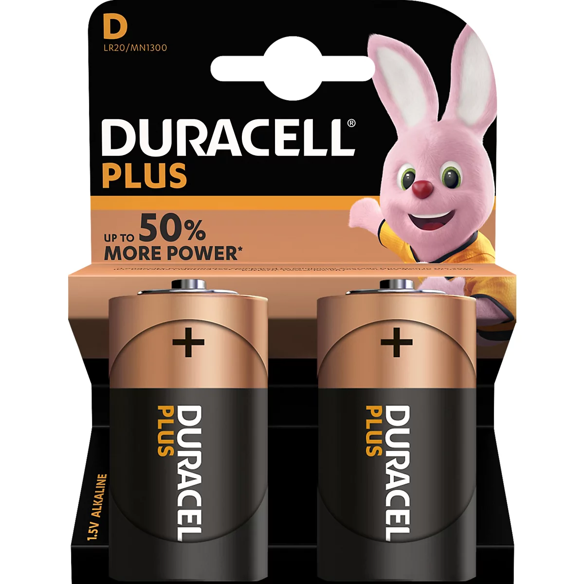 Zwei Duracell Plus Batterien Grösse D auf einer Blisterverpackung mit dem Duracell-Hasen.