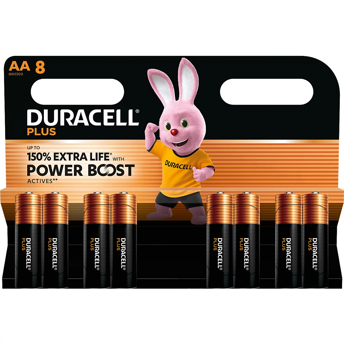 Duracell AA-Batterien in einer Verpackung mit dem Duracell-Hasen. Auf der Verpackung steht 'PLUS', '150% EXTRA LEBENSDAUER'.