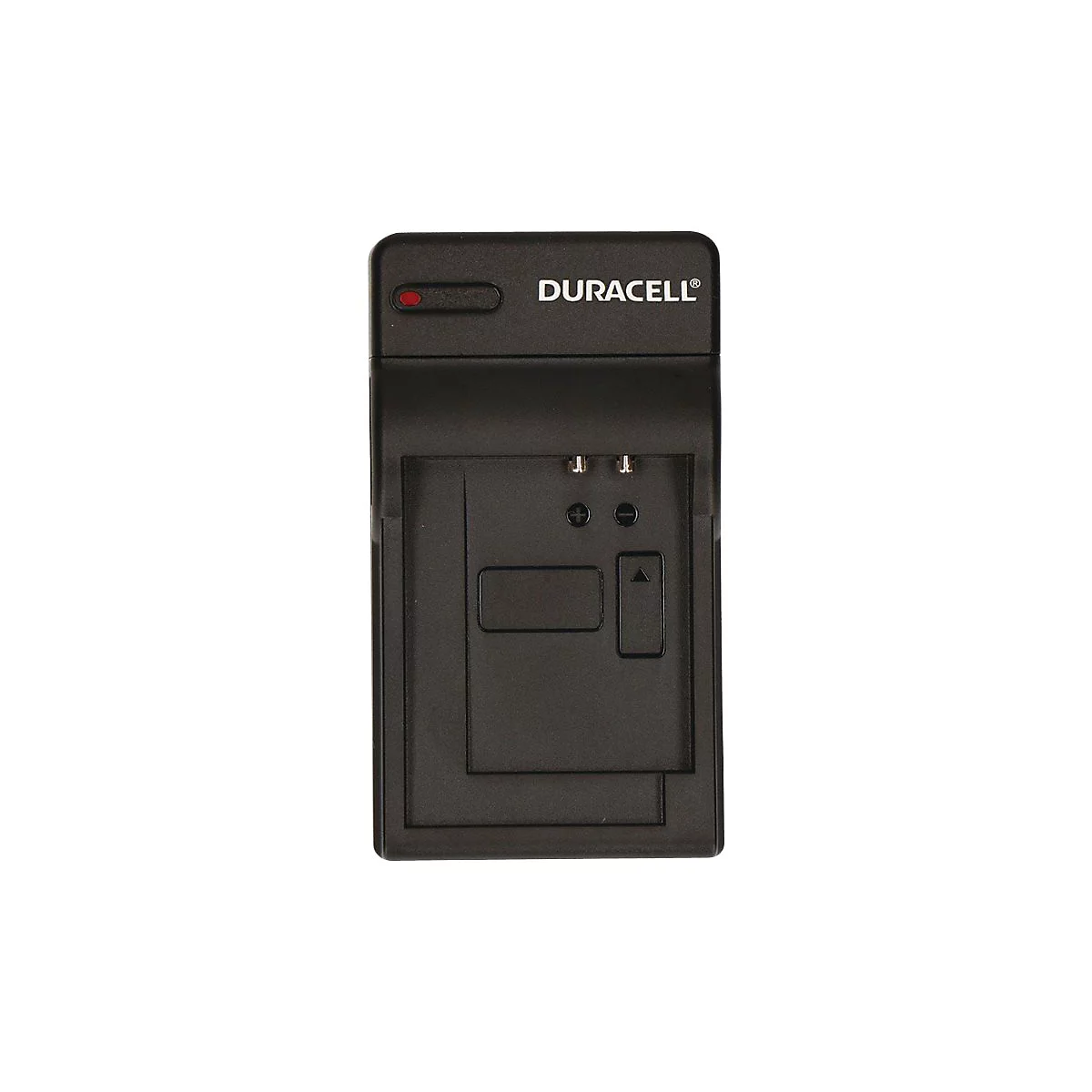 Schwarzes Duracell Akku-Ladegerät vor weißem Hintergrund mit Kontrollleuchte.