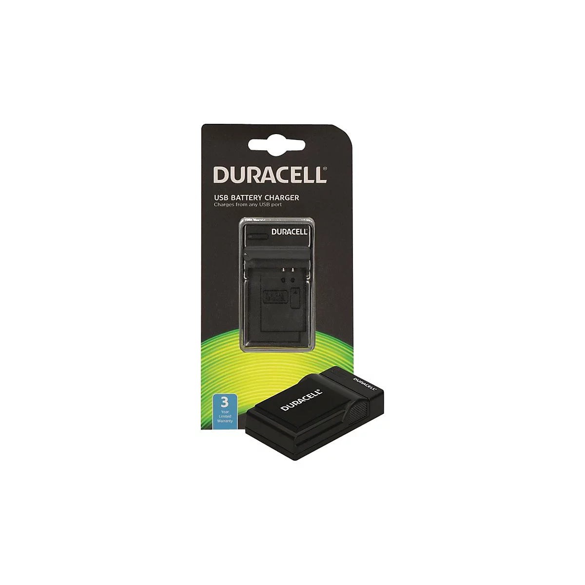 Duracell USB-Akkuladegerät in schwarzer Originalverpackung mit herausgenommenem Ladegerät daneben.