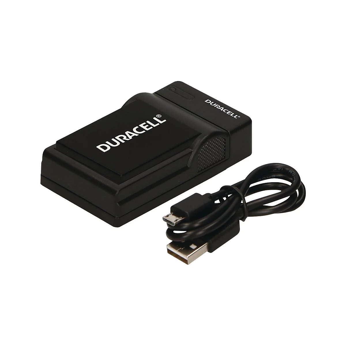 Schwarzes Duracell-Ladegerät mit einem USB-Ladekabel vor weißem Hintergrund.