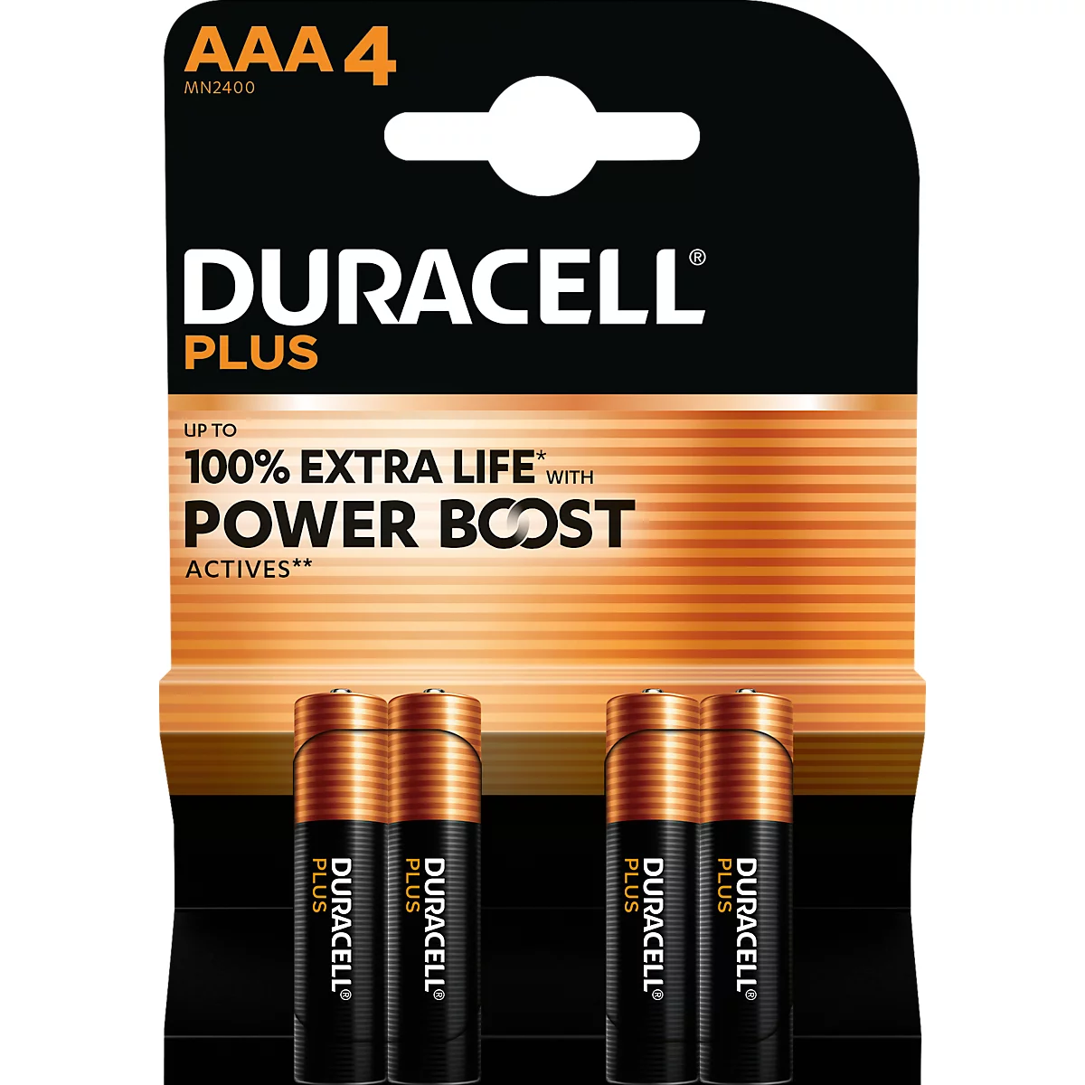Duracell Plus Batterien, Vier AAA-Batterien in einer Verpackung. Aufschrift "Duracell Plus" und "Extra Life".