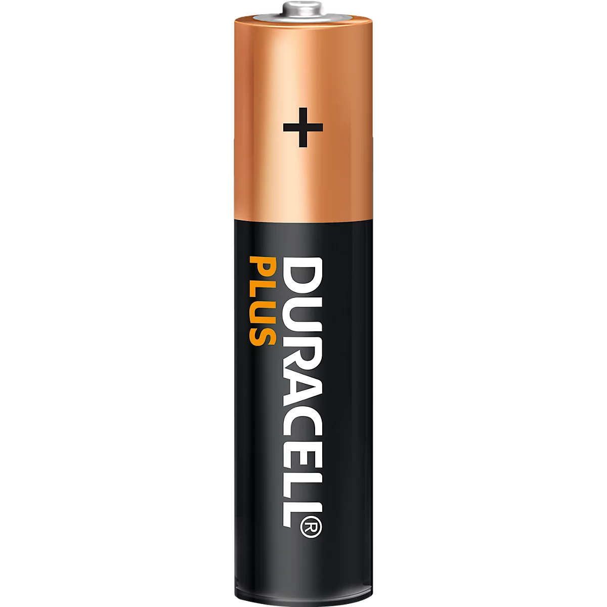 Duracell Plus AA-Batterie. Zylinderförmig, oben kupferfarben, Rest schwarz. Pluszeichen und Logo erkennbar.